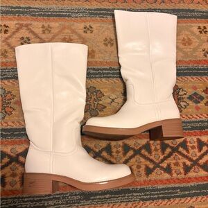 DREAM PAIRS Women's Square Toe White Chunky Block Heel Knee High Riding Boots